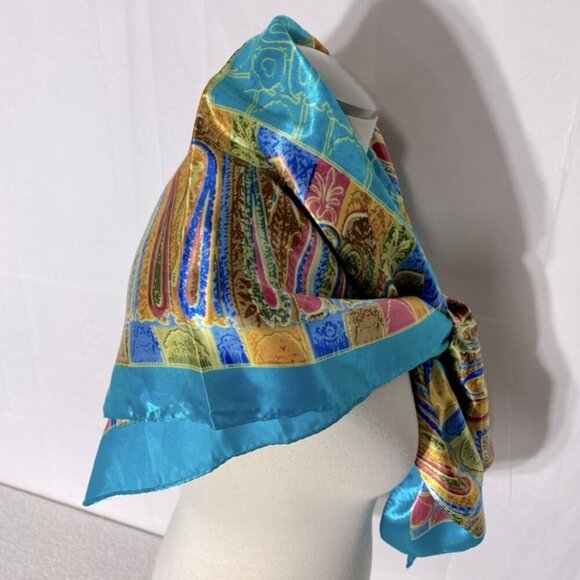 5/$25 Jiaying Blue Yellow Satin Abstract Print Square Scarf - Picture 2 of 16
